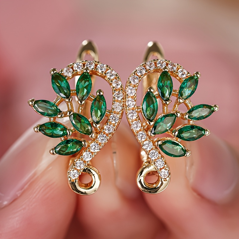 TEMU Aretes deslumbrantes de circonita verde estilo forma de y hojas de árbol, perfectos para que las mujeres los use en vacaciones, en reuniones o