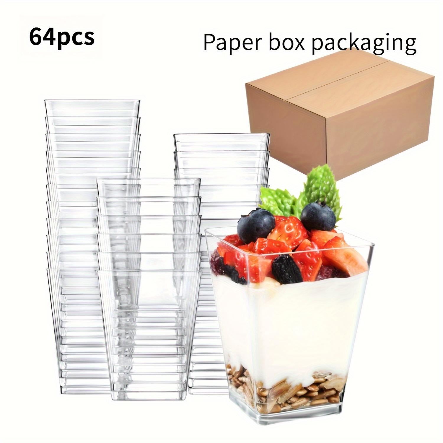 Image of 16/32/64pcs Stackable Square Dessert Cups(5oz/150ml)- Reusable Food Grade Ps Plastic, For Parfait, Pudding, , Appetizers- Party, Wedding, Catering Supplies For Halloween、christmas