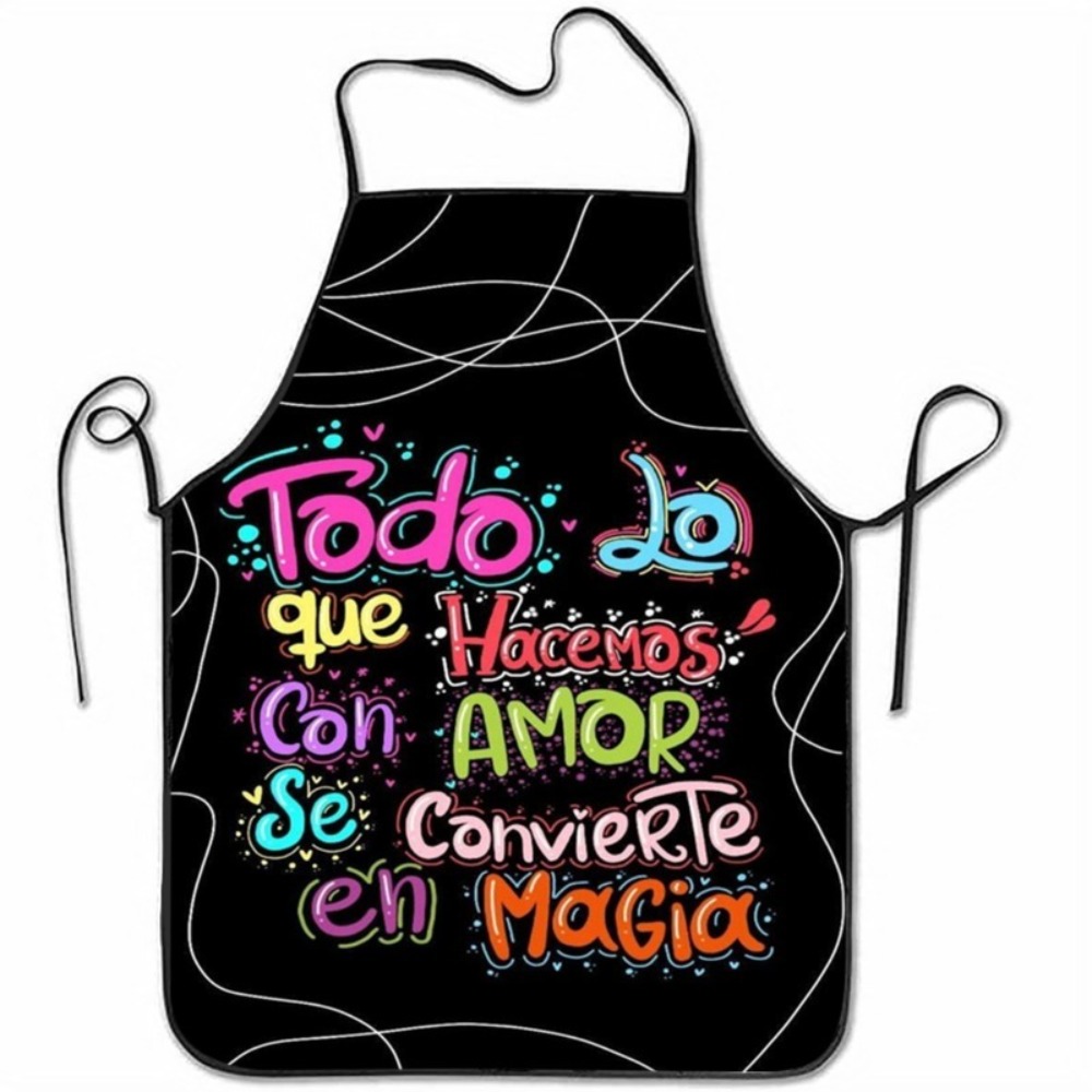 TEMU 1pc Magic Printed Apron, Black Background With Colorful Spanish Graffiti. Unisex For Household Use, Suitable For Kitchen Baking, Daily Cooking,