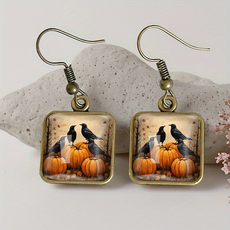 TEMU 1 Pair Autumn Pumpkin Square Earring Retro Glass Dangle Earrings Handmade Jewelry Gift