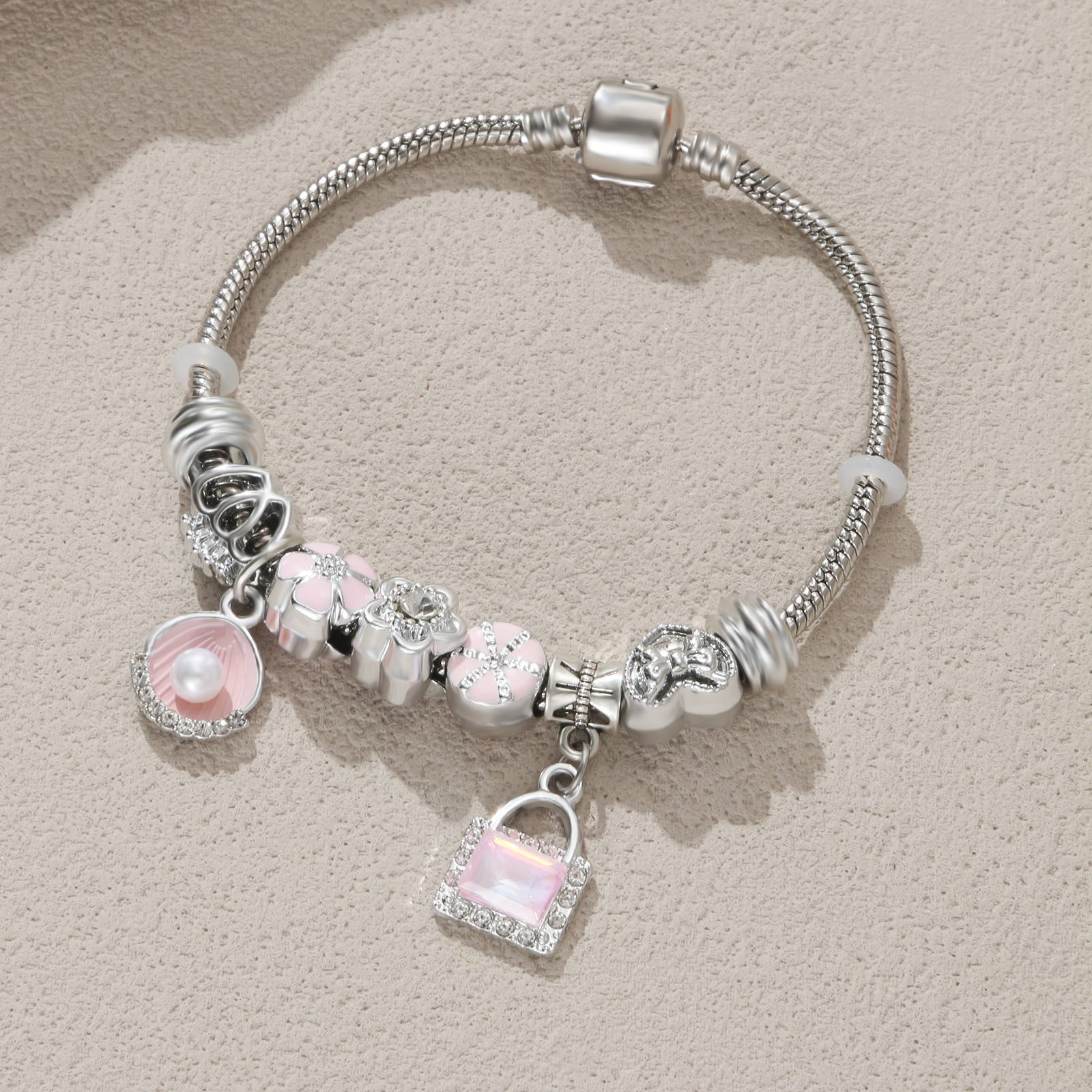 Image of Silvery Charm Bracelet Women Pink Pendants Synthetic Zirconia Stainless Steel Gift