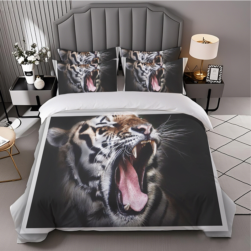 2/3pcs Tiger Roaring Fierce Printed Duvet Cover Set, Which Includes a Duvet Cover And Pillowcases - Perfect for Bedrooms And Bedding Decoration | Machine Washable Polyester Duvet Cover Set | an Ideal Choice for Christmas, Valentine'S Day, And More., Highend Fabric Woven Piece, Plush Bedspread, Digitally Printed Cloth, Halloween Duvet, Bedrooms And Bedrooms decor., Duvet Decoration Comfort., King Size Bed Frame with Headboard, Duvet Pack for Bedroom Decor, Bedding Basics, Fantasy