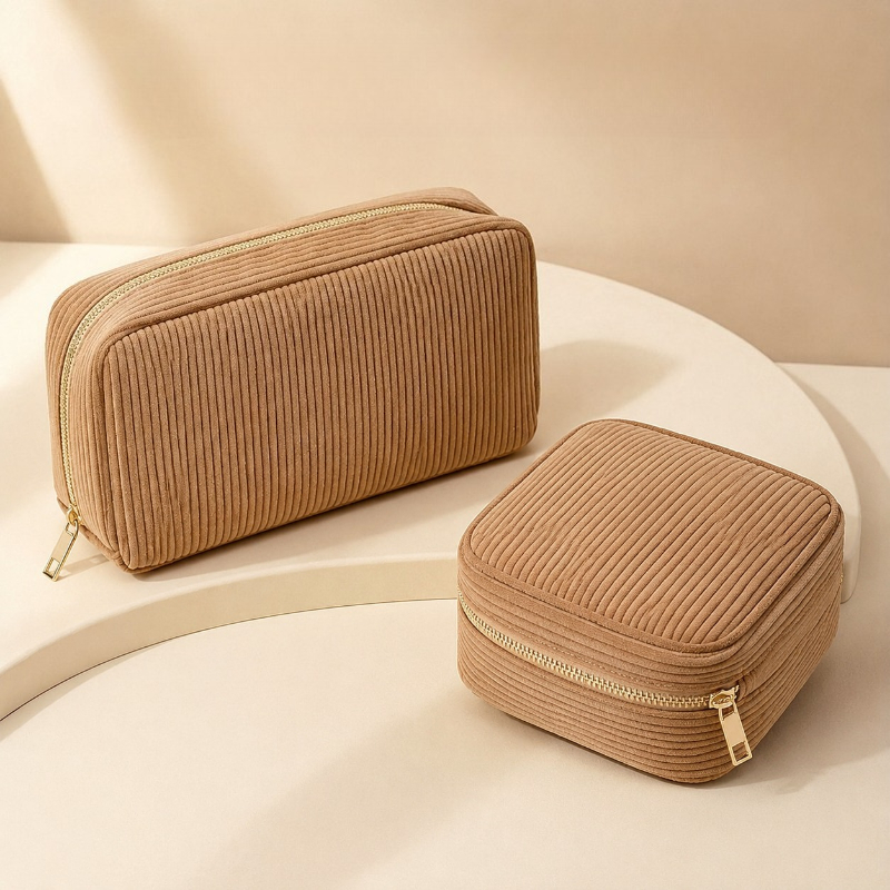 TEMU 2pcs Corduroy Set, Organizer Bag, Portable Handbag Large Capacity Travel Bag Set, Organizer For Lipstick Skincare Brushes Women' Essentials, 5