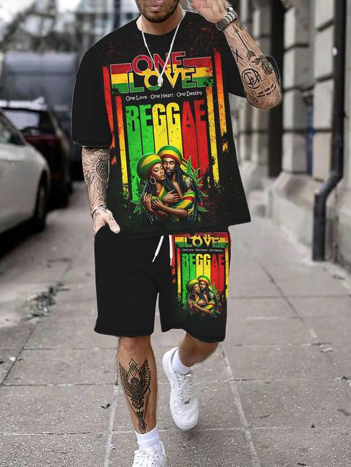 mens reggae themed print short sleeve t shirt set new summer fashion casual sports two piece outfit