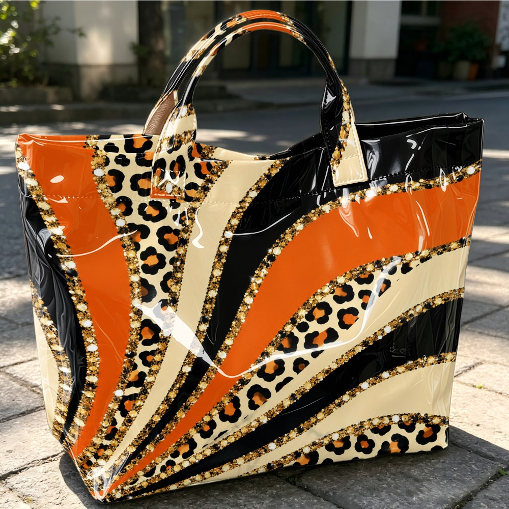 TEMU 1pc Vibrant Orange Leopard Print Printed Tote Bag, Women's Large Capacity Commuting Handbag, Shopping Bag, Versatile Outdoor Travel Storage Bag,