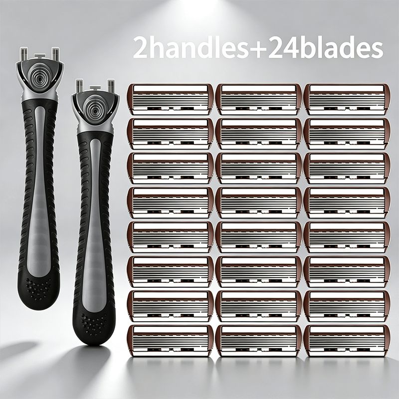TEMU 2pcs Black Non-slip Durable Handles And 24pcs Replacement 6-layer Manual Shaving Kit | Men's Manual Safety Shaving Set With 6-layer Stainless