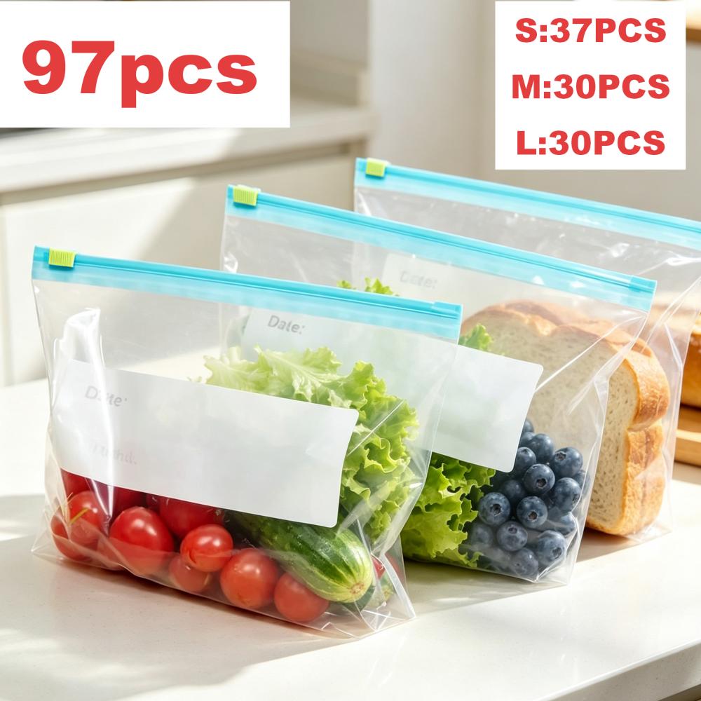 Image of 97pcs Reusable Zipper Bag Stand Up Zip Shut Plastic Freezer Bag Fruit Vegetable Kitchen Food Storage Organizer Pouch