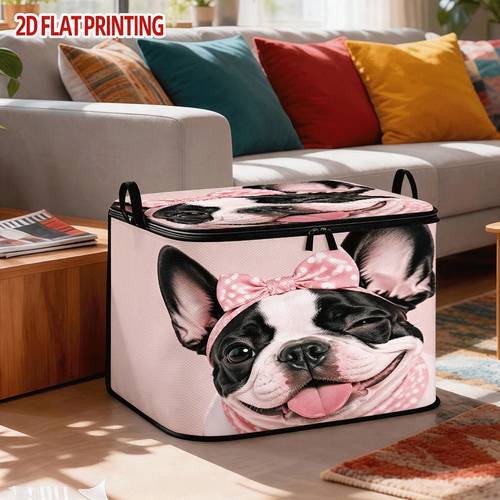 pink french bulldog zipper laundry basket 1pc durable storage box suitable for clothing and gift organization portable handle 2d flat design shelf basket under bed storage