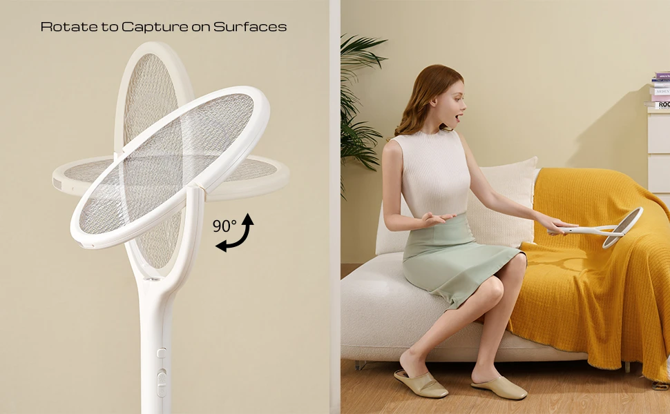 electric fly swatter with a rotating head rechargeable design and telescopic extension for indoor use effective against bugs and mosquitoes details 3