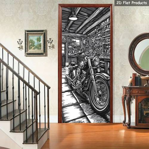 2d flat 1 pair garage scene door sticker motorcycle peel and stick murals wall painting door stickers rustic removable door wall mural biker style self removable door pictures