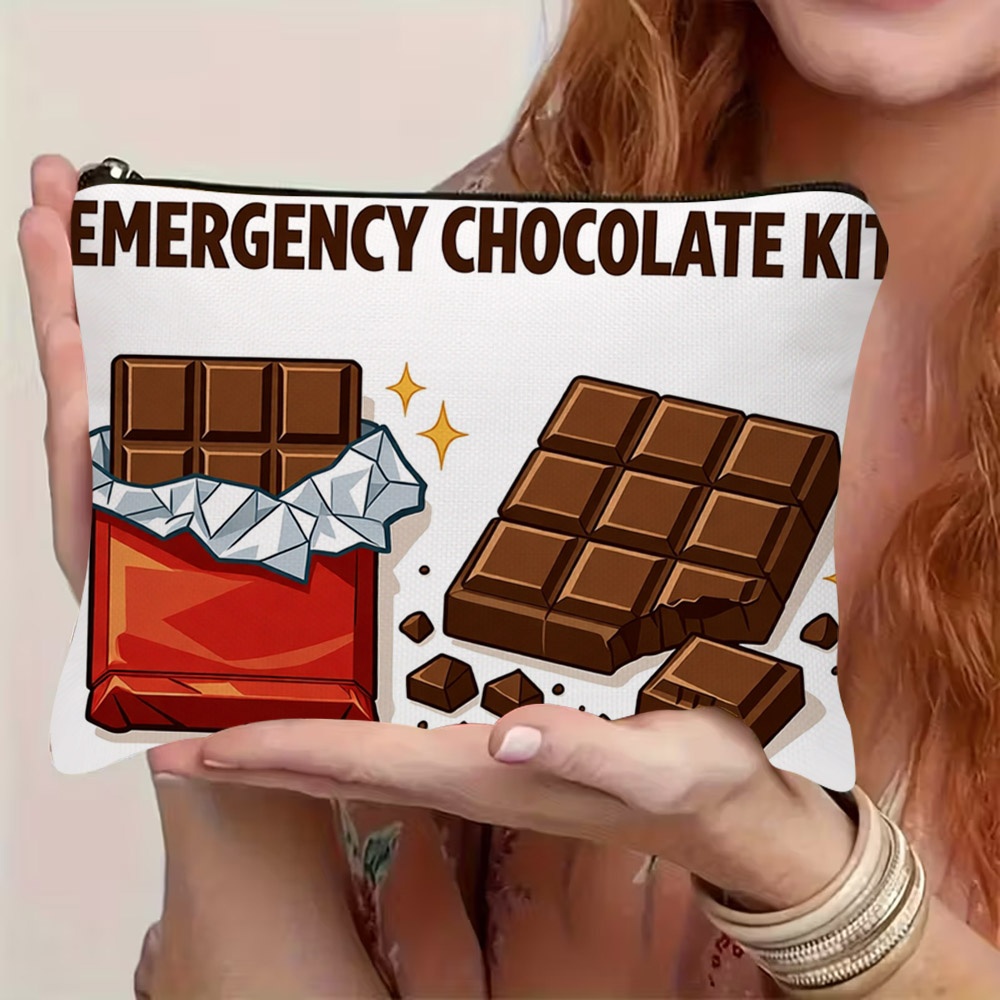 TEMU 1pc 2d Flat - Printed - Themed Cosmetic Bag, With Cartoon Chocolate Bar & Golden Starburst Print, Zipper Closure, Lightweight & Durable Pouch,