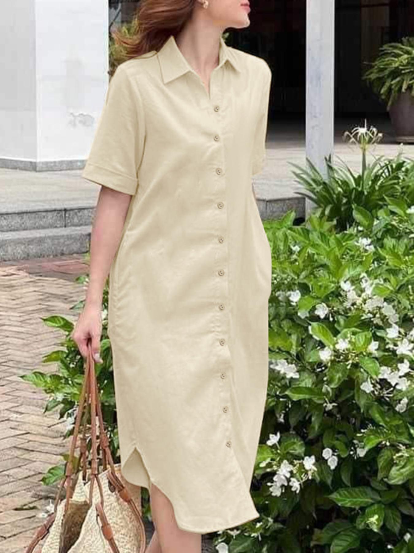 chinese dress ladies BLUEMING Women Summer Tunic Dress V Neck Short Sleeve Casual Loose Flowy  Swing Babydoll Shift Dresses with Pockets Apricot at Amazon Women's Clothing  store