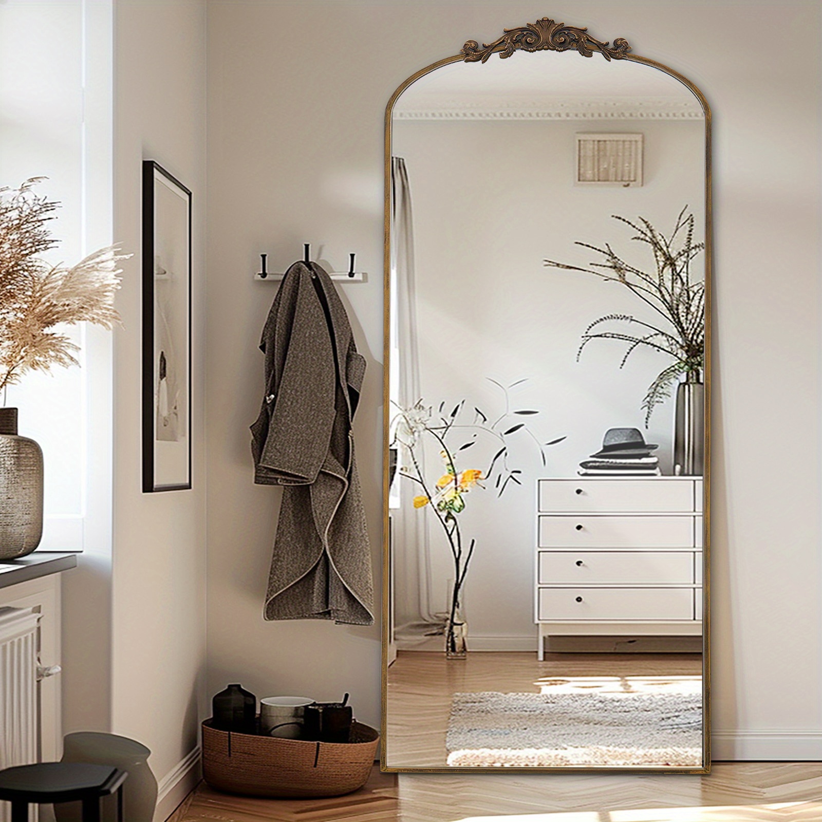E-shop Verzierter goldener Wandspiegel, Vintage Vintage Bodenspiegel Ganzkörperspiegel für Wohnzimmer Flur Kamin Badezimmer Eingangsbereich