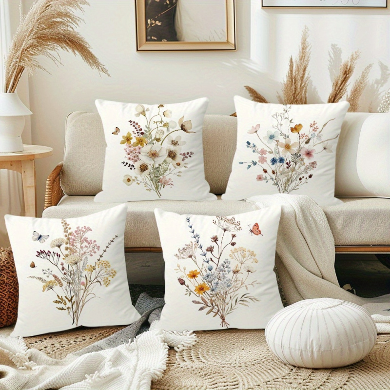 TEMU 4pcs Bohemian Style Plant Pillow Covers, 18x18 Inches - Soft Polyester Farmhouse Decor Watercolor Print, Zipper Closure, For Sofa Living Room