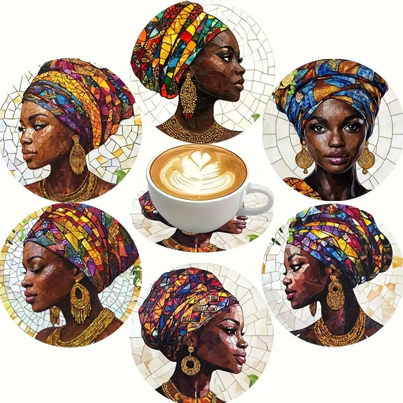 TEMU Ensemble de 6 sous-verres artistiques pour femmes d'origine africaine - Élégants, résistants à la chaleur, antidérapants, en bois, parfaits , et