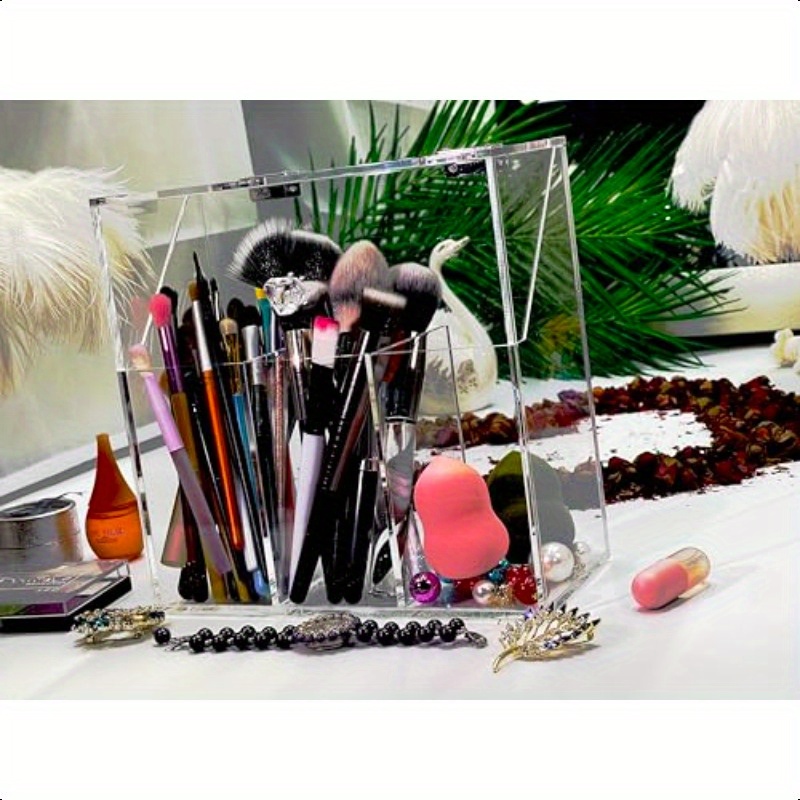 acrylic makeup organizerclear cosmetic brush storage box with 3 brush holders makeup brush holderwith dust cover largecapacity split design can quickly organize the desktop no pearls Product details 3