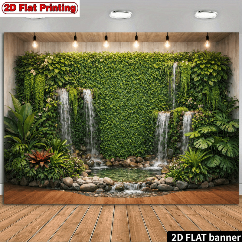 TEMU Photography Backdrop 2d Flat Banner Ivy Waterfall Backdrop, Featuring 4 Flowing Waterfalls And A Pebble Pond, Suitable For Photography