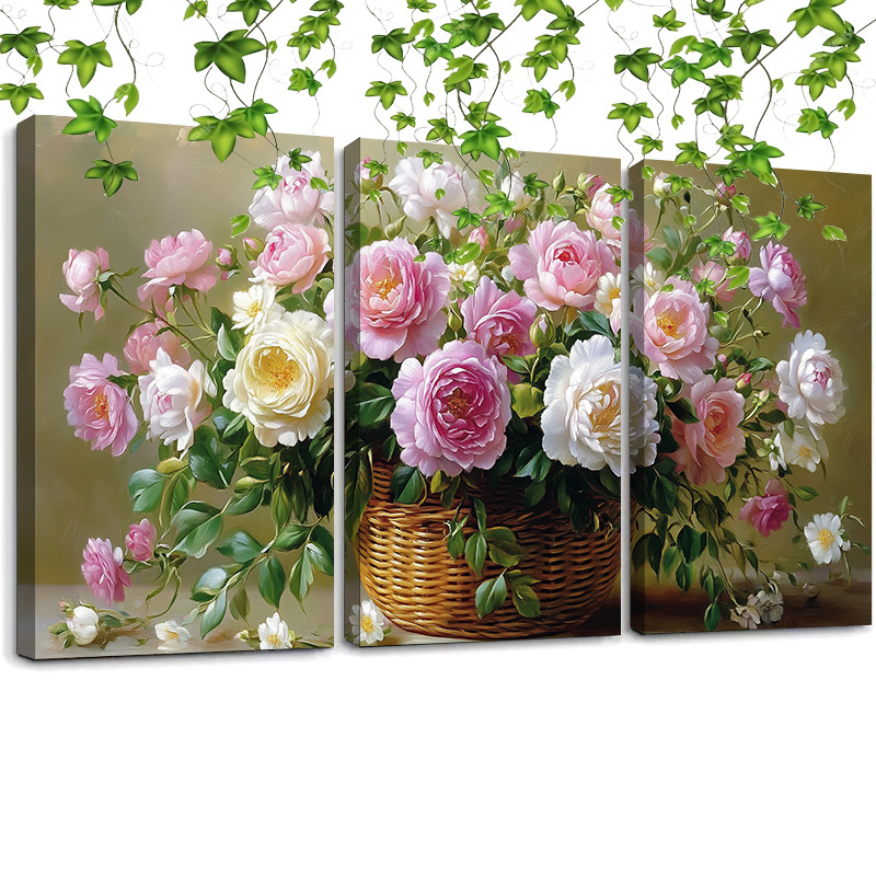 TEMU 3pcs Vintage Floral Canvas Wall Art Set, Framed Still Life Roses And Peonies Prints, 12x16 Inches Each, Room Decor