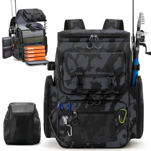 item picture fishing backpack fishing tackle bag with detachable dividers insulated cooler compartment and 4 rod holders professional angler gear storage
