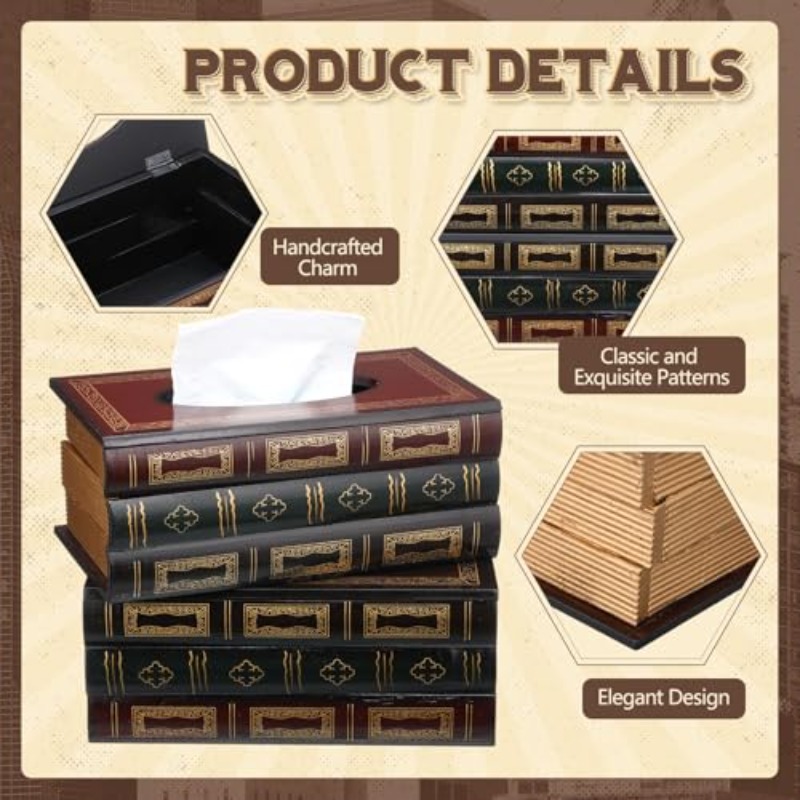 2pcs wooden retro book tissue box cover antique tissue box cover rectangular classical novelty paper holder dispenser medieval home decor for living room   car kitchen, car organizer,  ce decor, classical style, medieval aesthetic,  , durable wood, decorative dispenser, vintage lovers, home stylists Product details 2