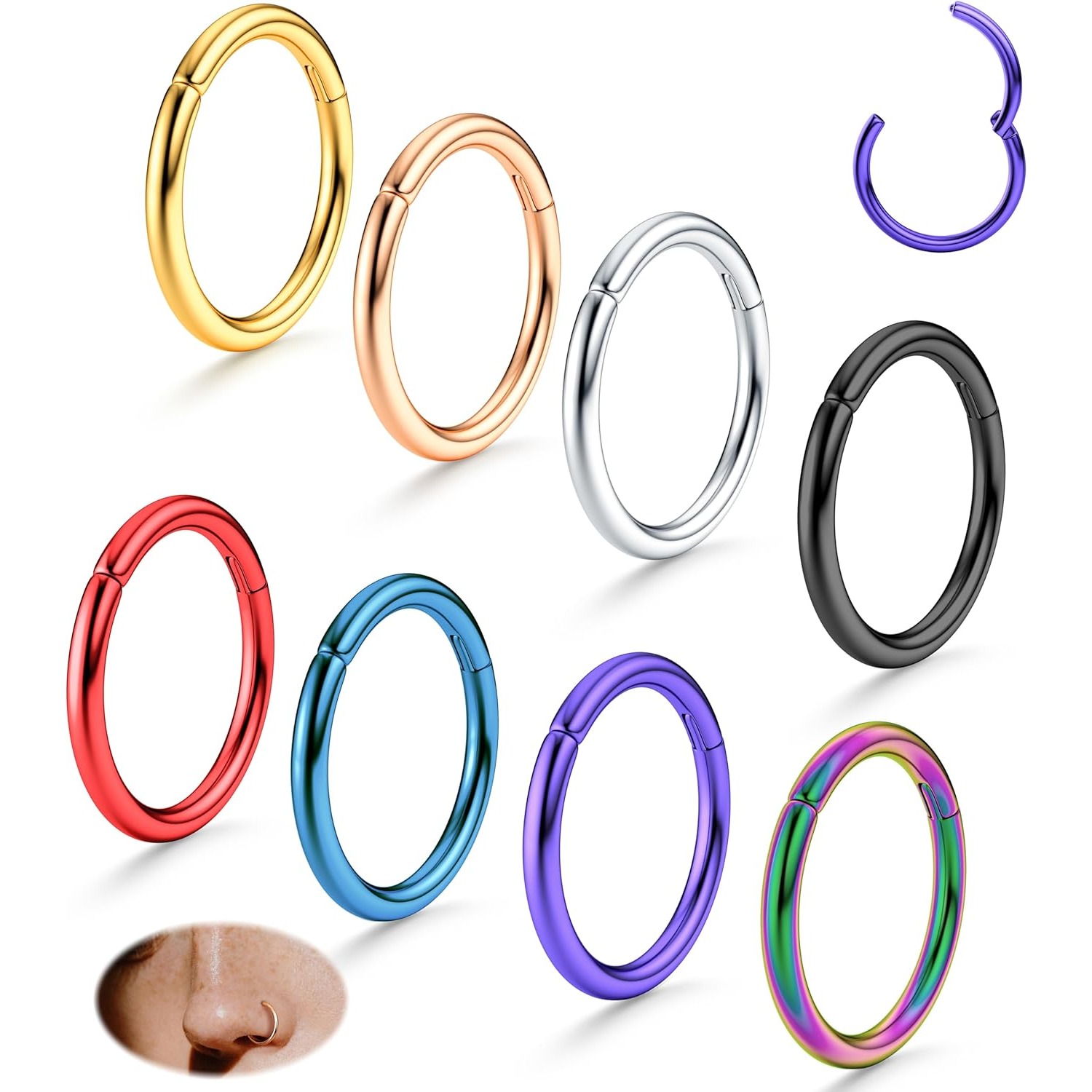 Image of 8pcs 16g 18g G23 Titanium Alloy Nose Rings Hoop For Women Men Hinged Cartilage Lip Septum Rings Helix Conch Tragus Piercing Jewelry 8mm 10mm