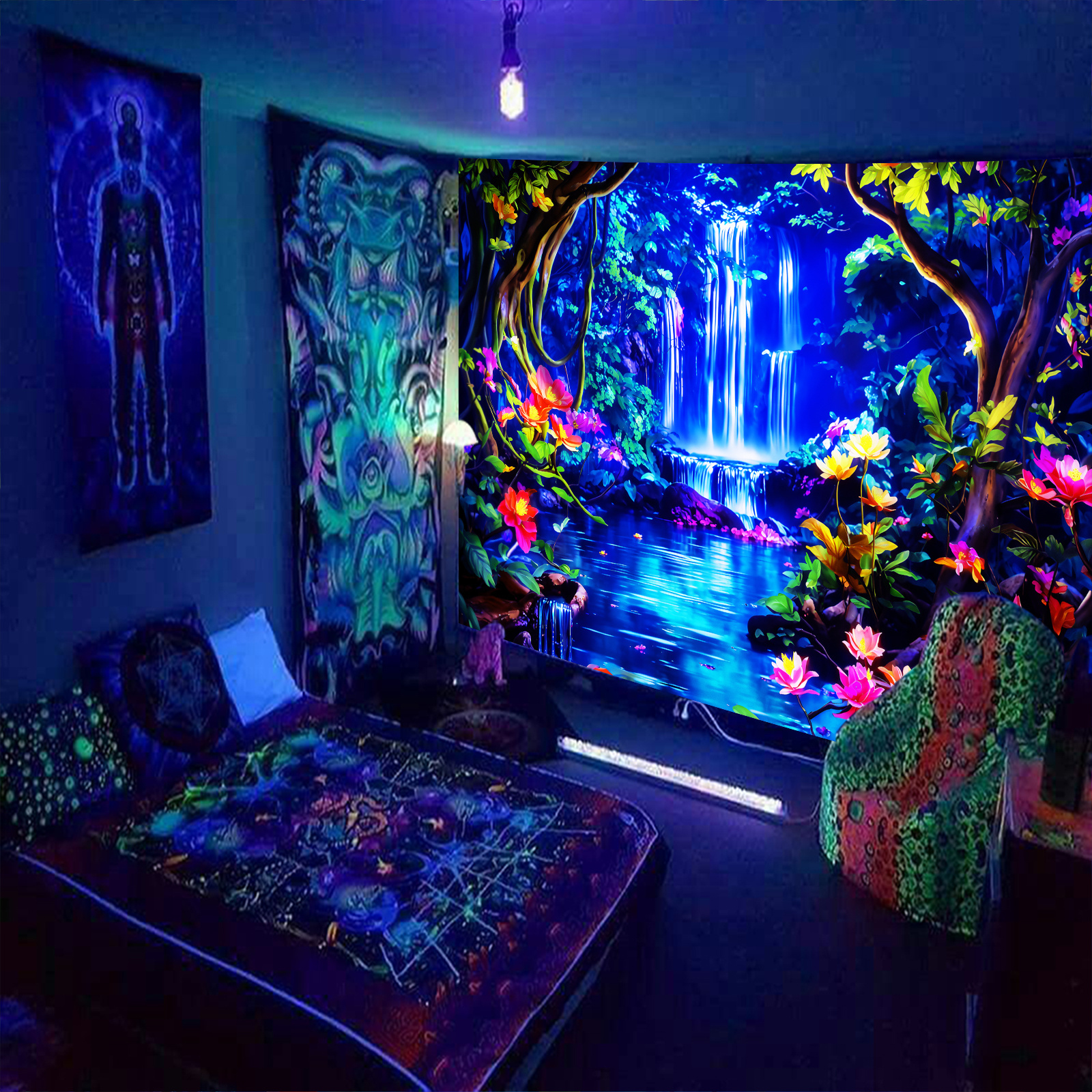 TEMU 1pc- Glow In The Uv Light- Vibrant Forest Waterfall Tapestry, Large Size Fluorescent Aesthetic Printing Tapestry, Bedroom Aesthetic Hanging