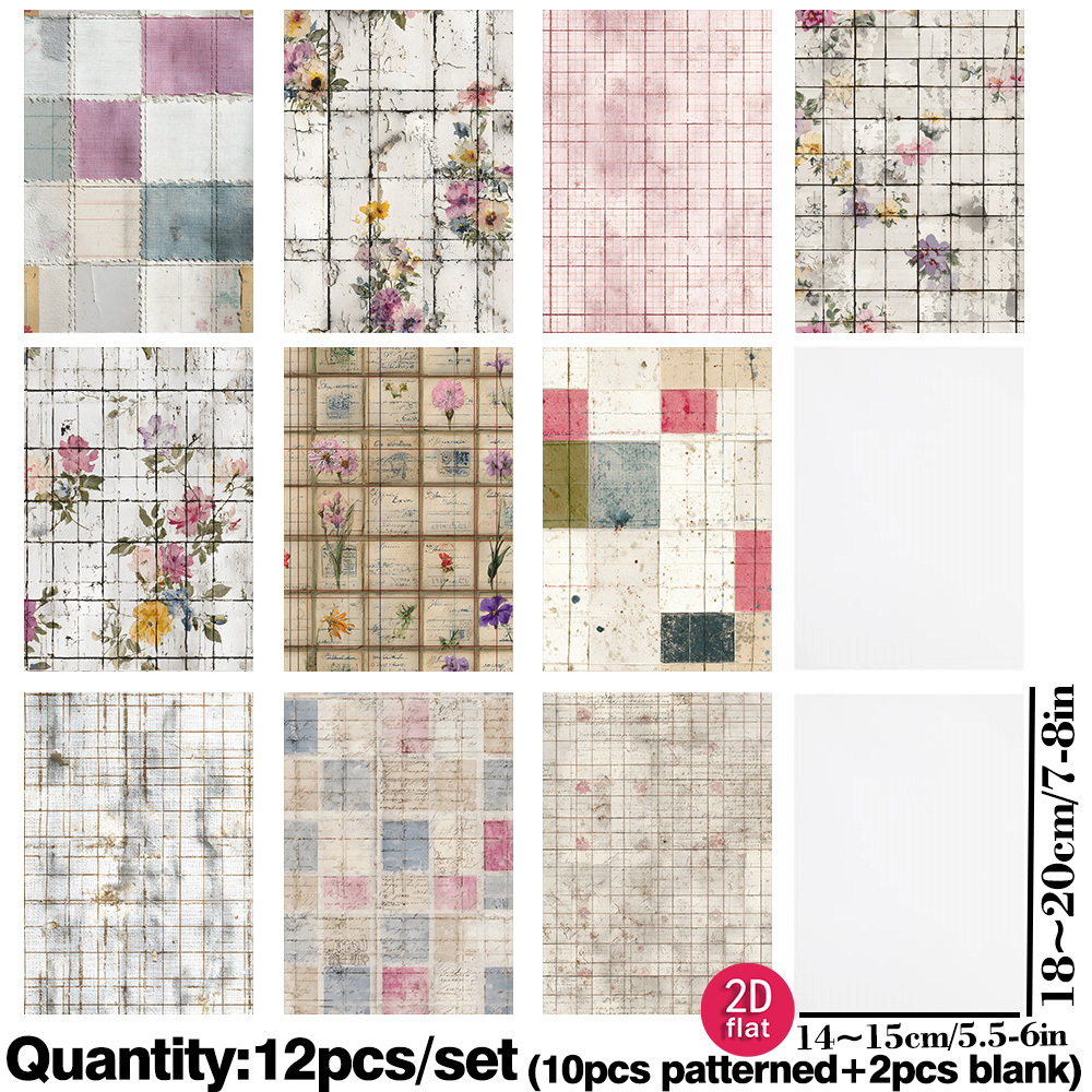 TEMU Ruonaorou 12pcs/pack Vintage Grid Line Floral Vellum Paper Pack 2d Flat Shabby Distressed Old Script Tiny Pattern Translucent Material Paper,