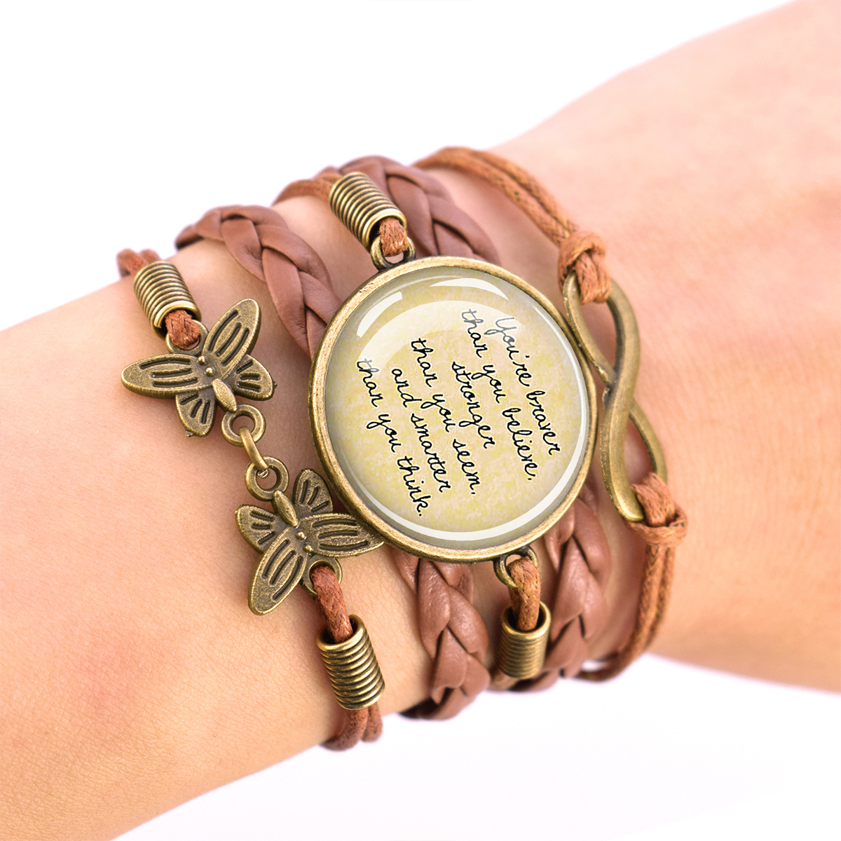 Adjustable Vintage Brown Bracelet with Dome Glass Inlay