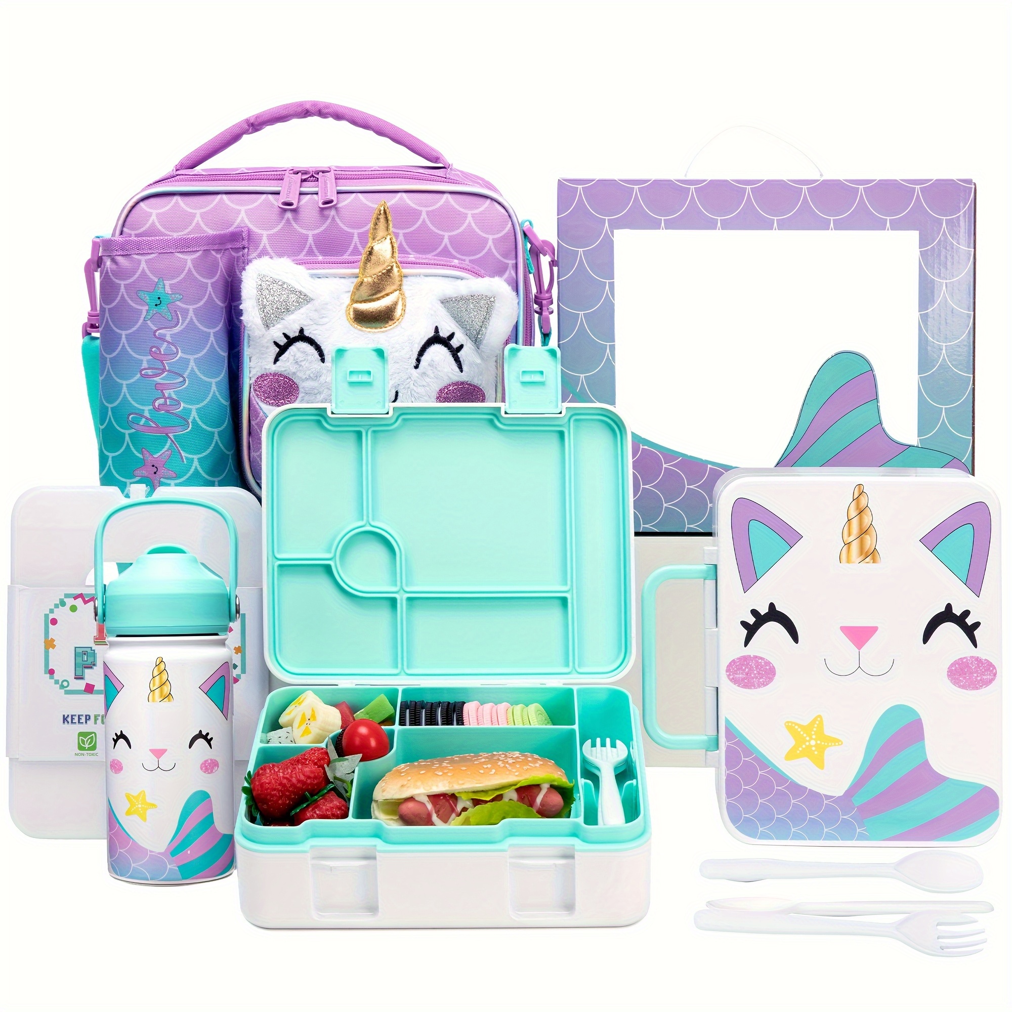 3 STKS Kids Lunch Tas en Bento Box Set, Geïsoleerde Lunch Bag, Multicompartiment Bento Lunch Box & Water Fles voor Kinderen, Lekvrije Lunch Containers voor Meisjes/Peuters Pre-School, Kleuterschool
