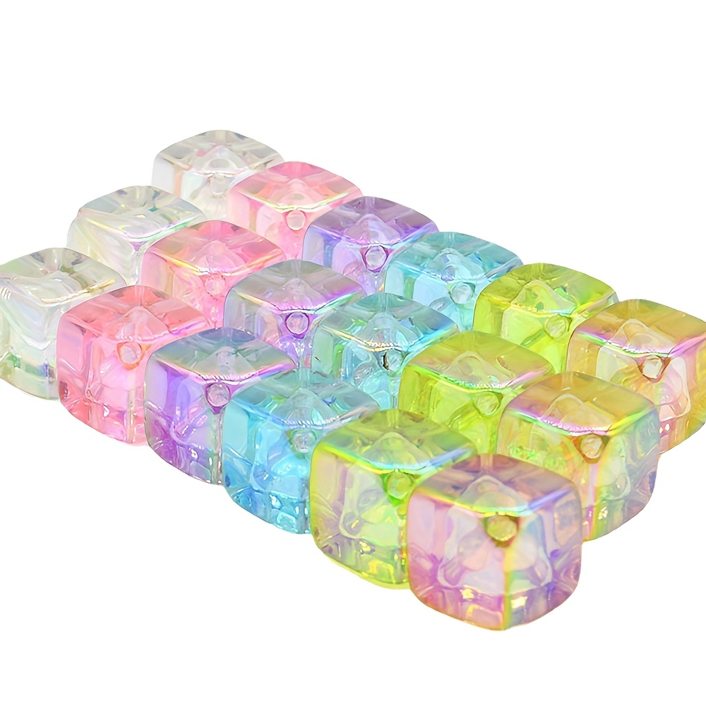 TEMU 20pcs Set Multicolor Iridescent 12.9mm Acrylic Transparent Imitation Crystal Iridescent Hole Square Decorative Beads Crystal Rainbow Hole
