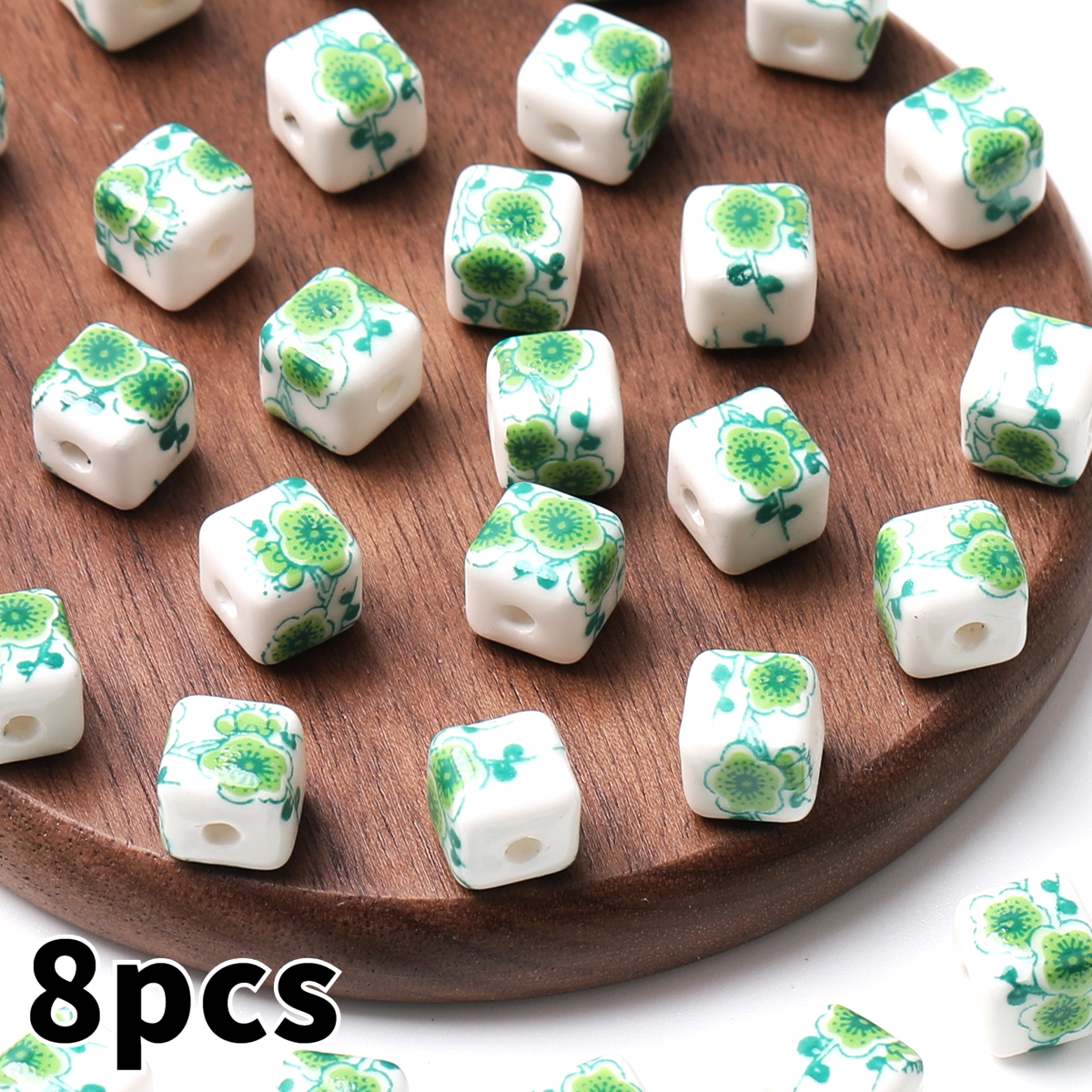 8pcs/16pcs Cube Printed Flowers Glazed Square Ceramic Beads for DIY Jewellery