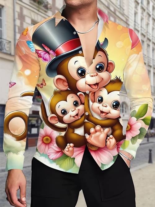 mens long sleeve shirt with printed cartoon monkeys butterflies and flowers in bright colors