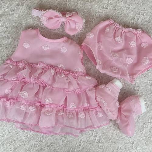 set of 4 pink outfits for a sleeveless dress shorts a bow headband and boots for dolls measuring inches dress up