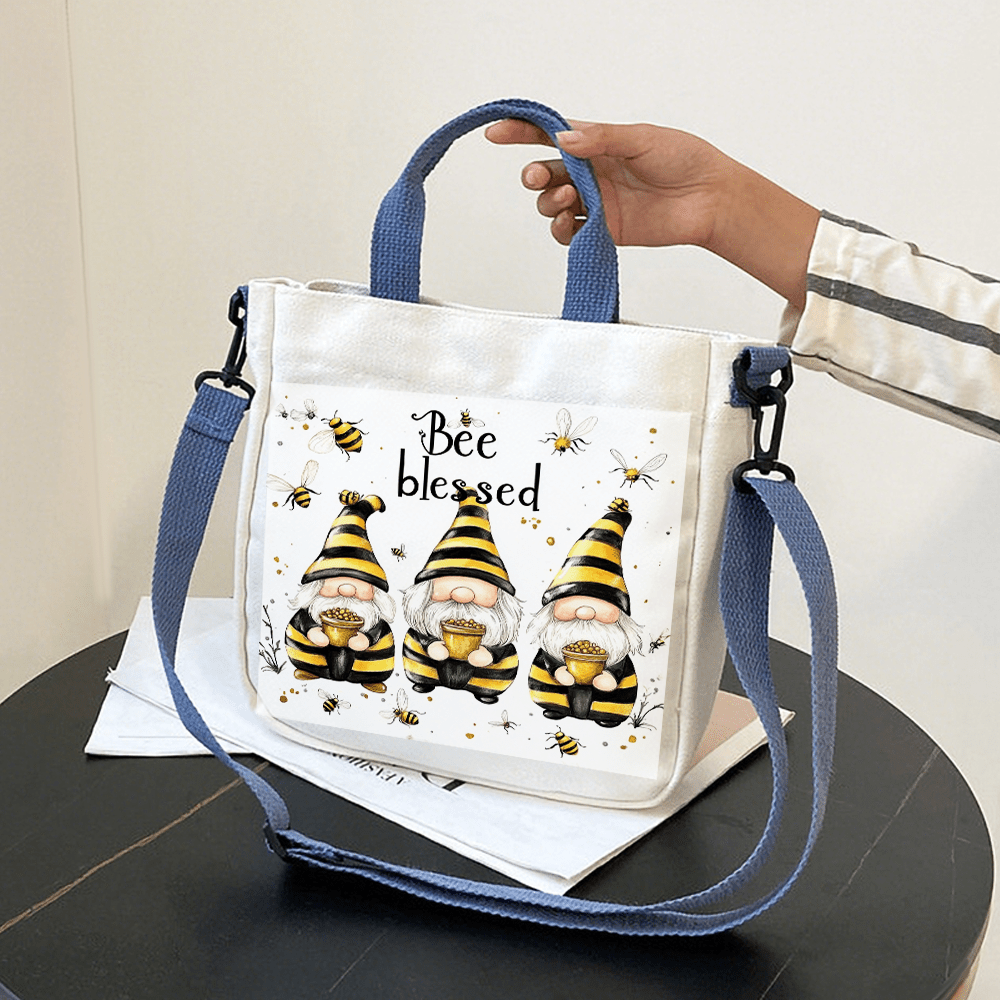 

1pc Bee Blessed Gnome Print Canvas Tote Bag, Adjustable Strap, Soft Fashionable Material, Detachable Closure, Hand Washable - Daily Use & Travel Accessory