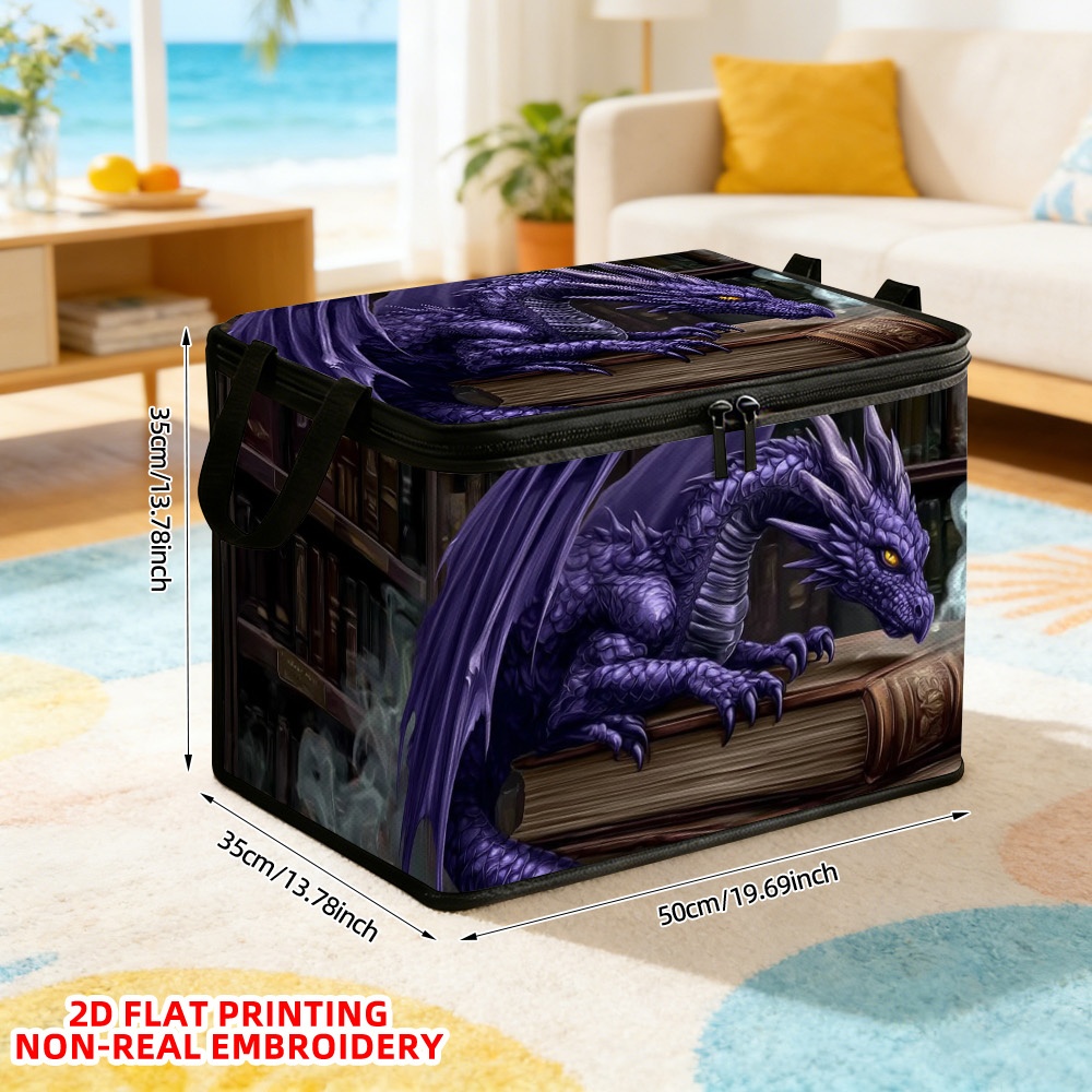 TEMU (2d Flat) 1pc Purple Dragon On Bookshelf Baskets Lidded Storage Bins - Hanging Closet Hamper For Inside Closet, Suitable For Wardrobe, Bedroom,