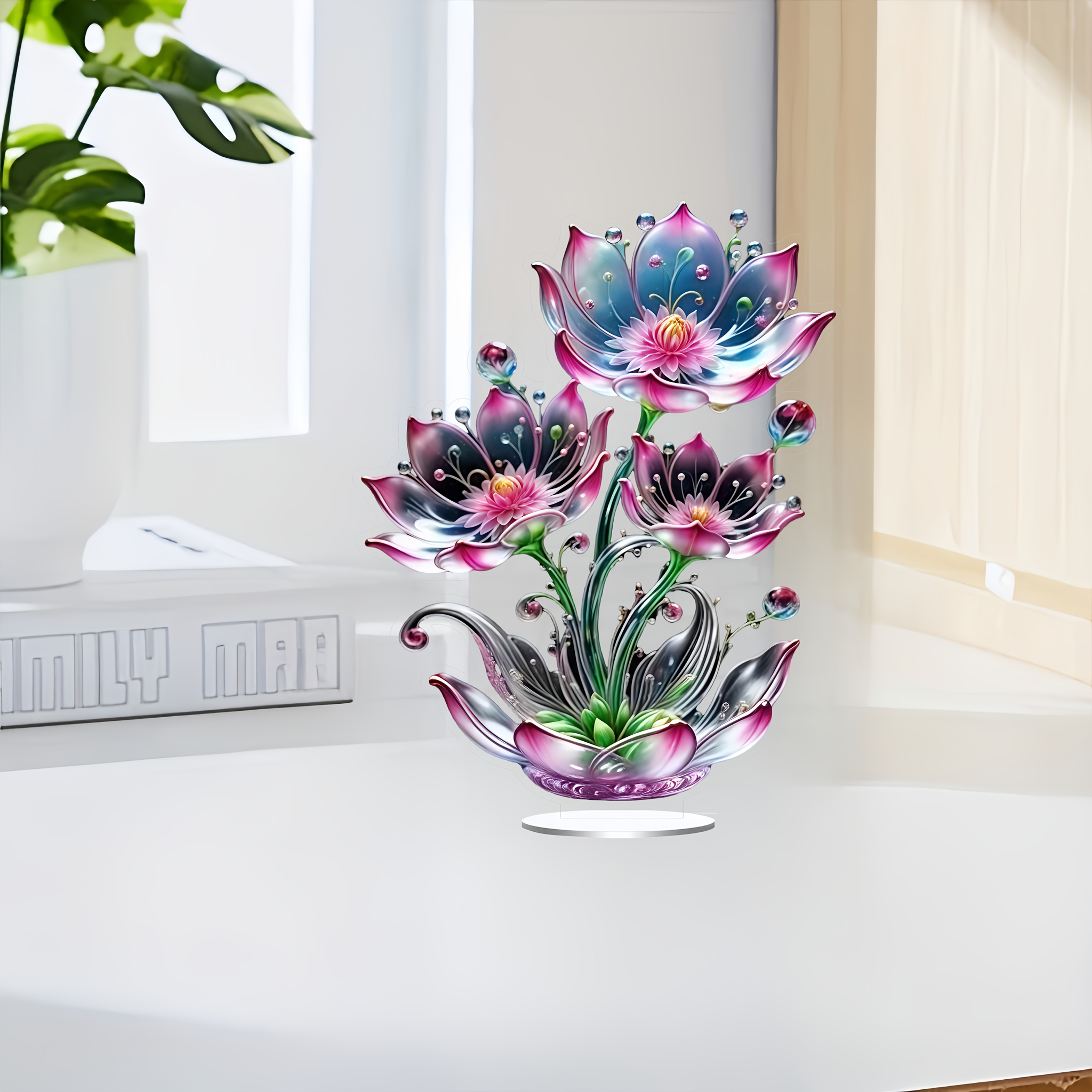 

1 2d Flat Dew Acrylic Lotus Display With Base, Illustrations, Multi-functional Room Decoration, Suitable For Home, Office, Garden, Christmas, Carnival, Holiday Theme