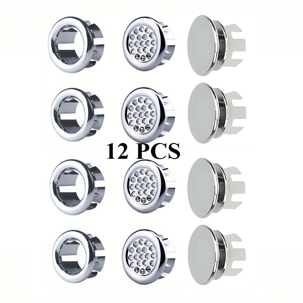 12pcs Overflow Cover Set, 3 Styles In 1 Pack, Sealed & Vented Abs Plastic Rings, Against And Odors, Bathroom Kitchen Essential, Bathroom Organizers And Storage
