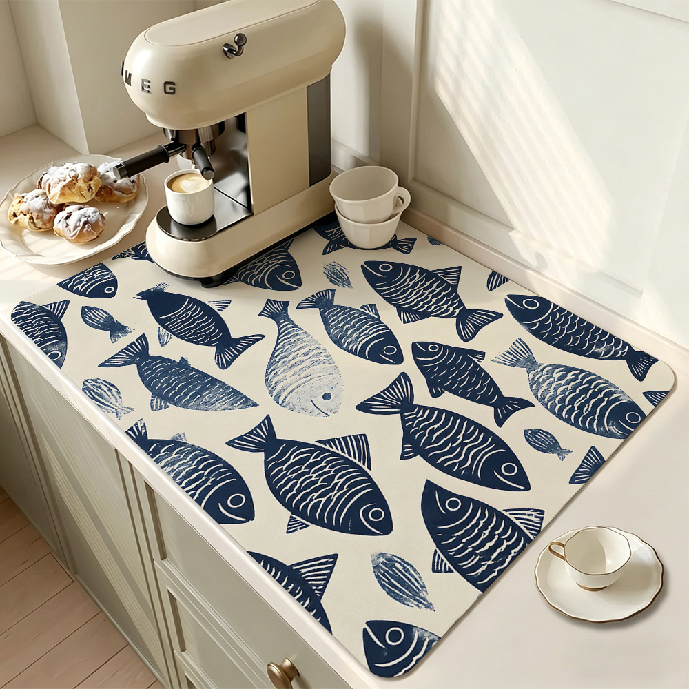 TEMU 1pc, Vintage Pattern Dish Drying Mat/absorbent Placemat, Non-slip Rubber Backing, Printed With Small Fish Patterns In Various Shades And Sizes,