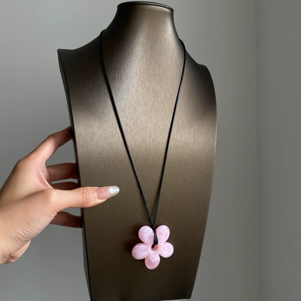 Korean Minimalist Pink Flower Pendant Long Rope Necklace