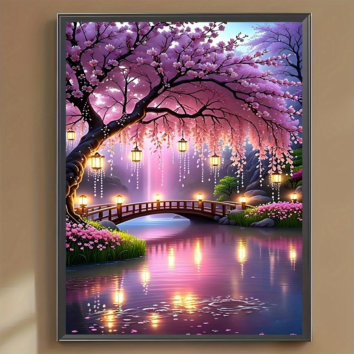 1 set diamond painting kit night view under cherry   bridge round acrylic diamonds frameless 5d diy art craft 30 40  8 15 7 inches ideal for beginners decor for home bedroom kitchen perfect gift for  