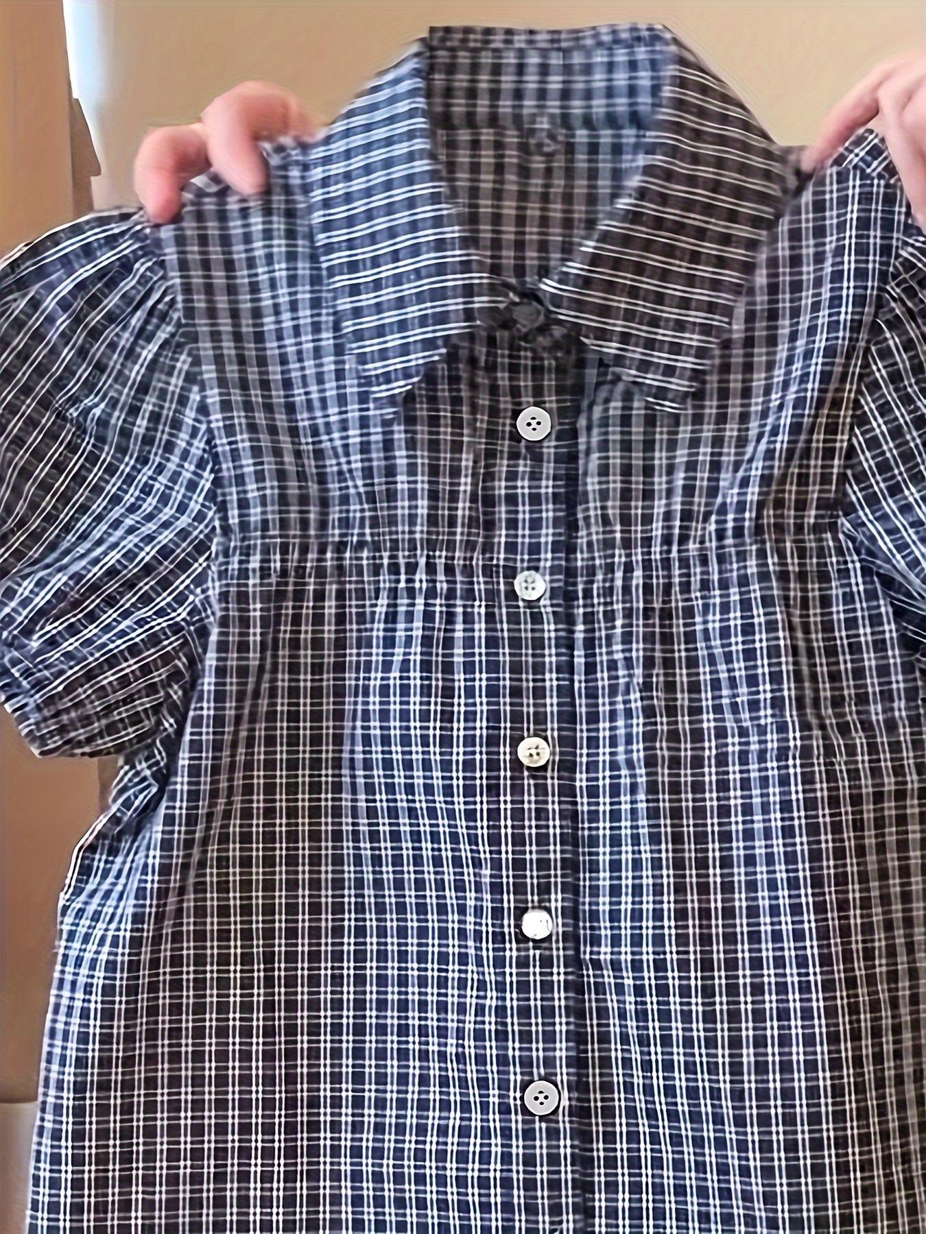 korean style vintage blue checkered short sleeve loose shirt for women featuring puff sleeves and a sophisticated collar   summer