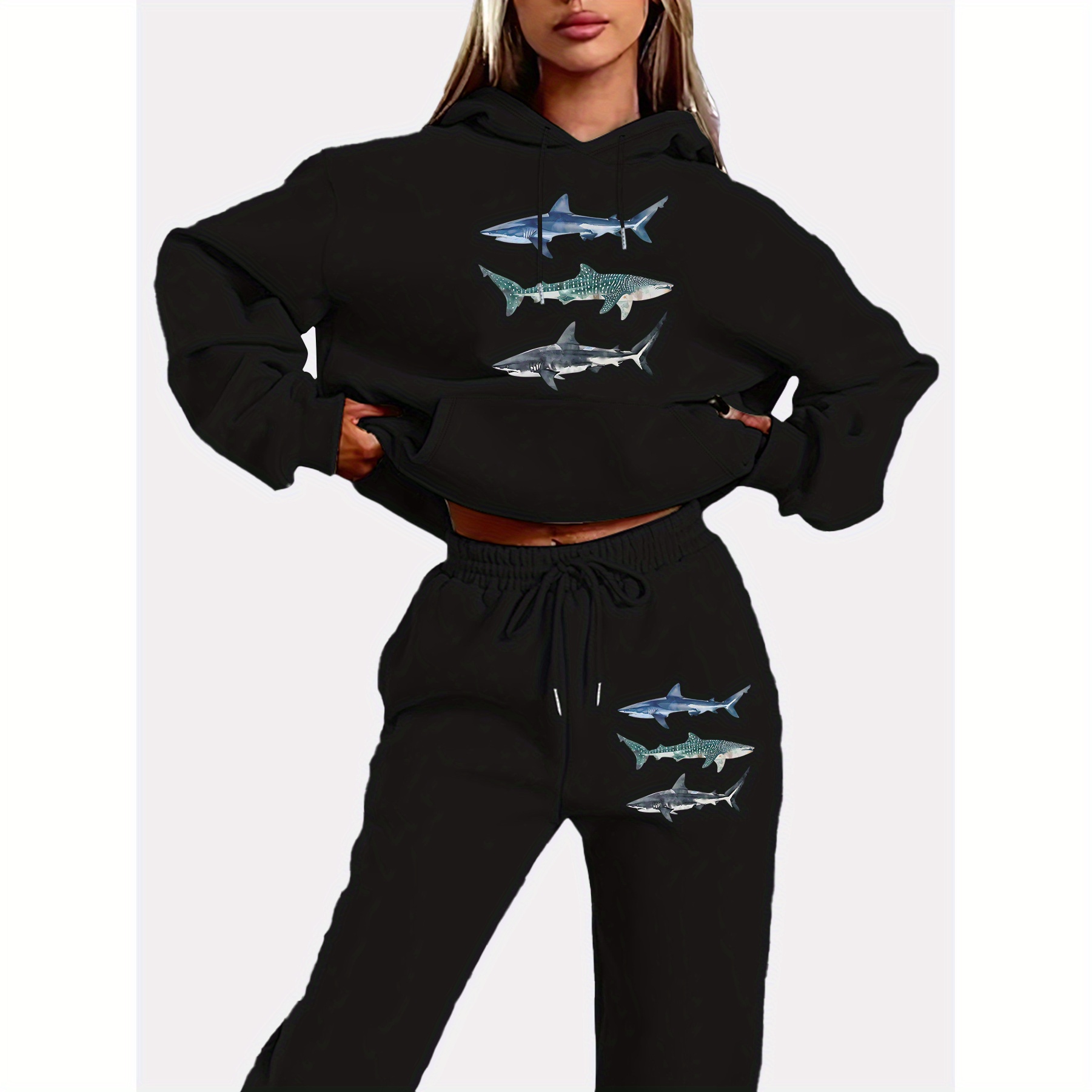 

Shark Print Two-piece Set, Casual Kangaroo Pocket Hoodie & Pants Outfits, Women's Clothing