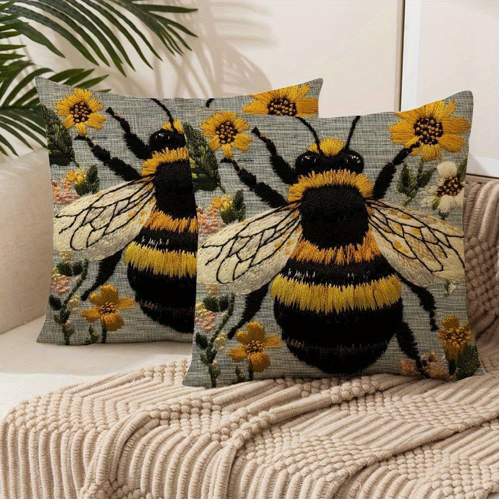 

2pcs Modern Bee And Polyester Throw Pillow Covers, Machine Washable, Zippered, Decorative Insect Bug Cushion Cases For Sofa And Bed, 18x18 Inches