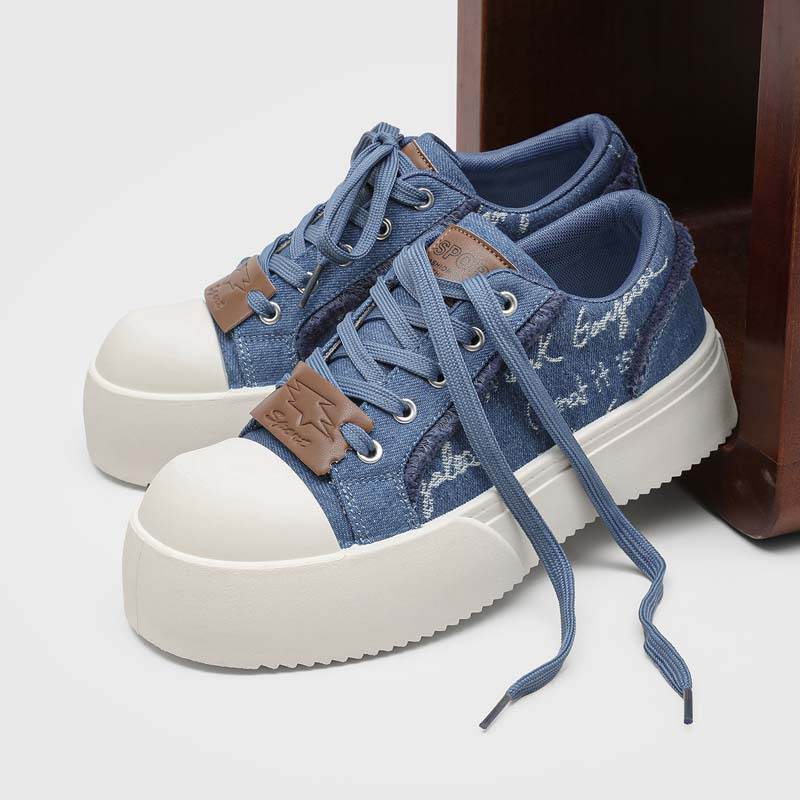New Men's Vintage Denim Platform Shoes with Wide Toe Box