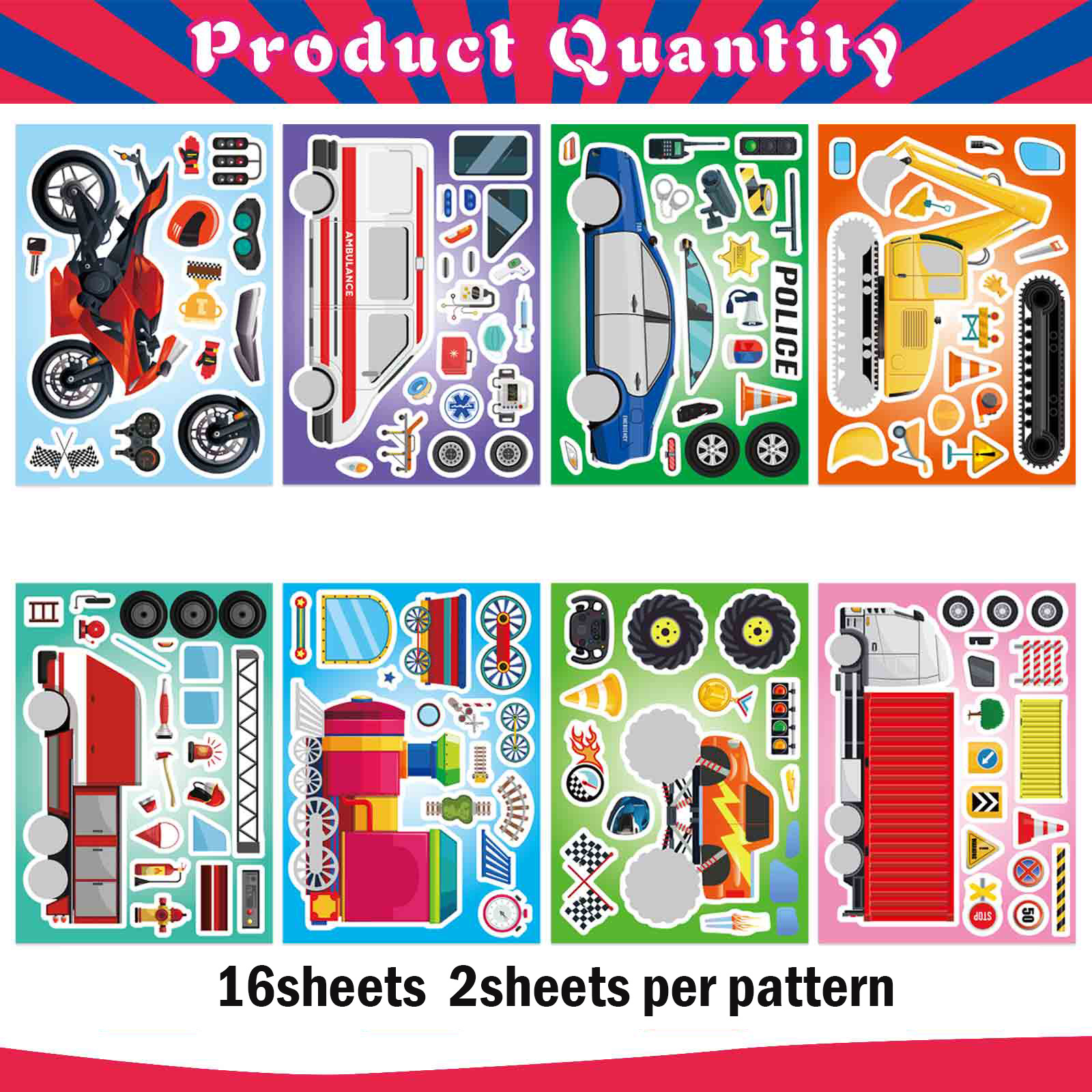 8/ 16 Vehicle Stickers, Interactive Puzzle Toys For Parent-child Interaction, Make Your Own Truck, Police Car, Motorcycle, Christmas Decoration, Gifts For Children During Holidays