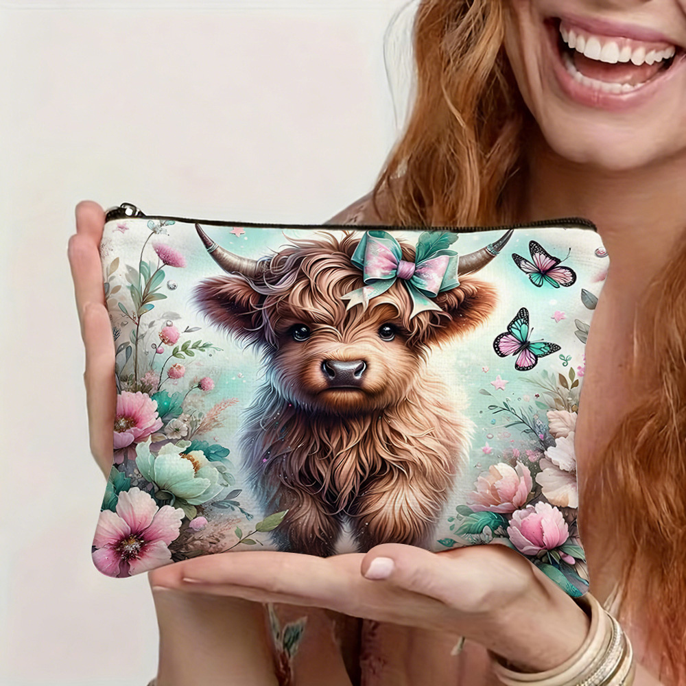TEMU Trousse de Cosmétique motif vache Highland et nœud papillon, un cadeau idéal pour les amateurs de vaches Highland, un sac de rangement de voyage