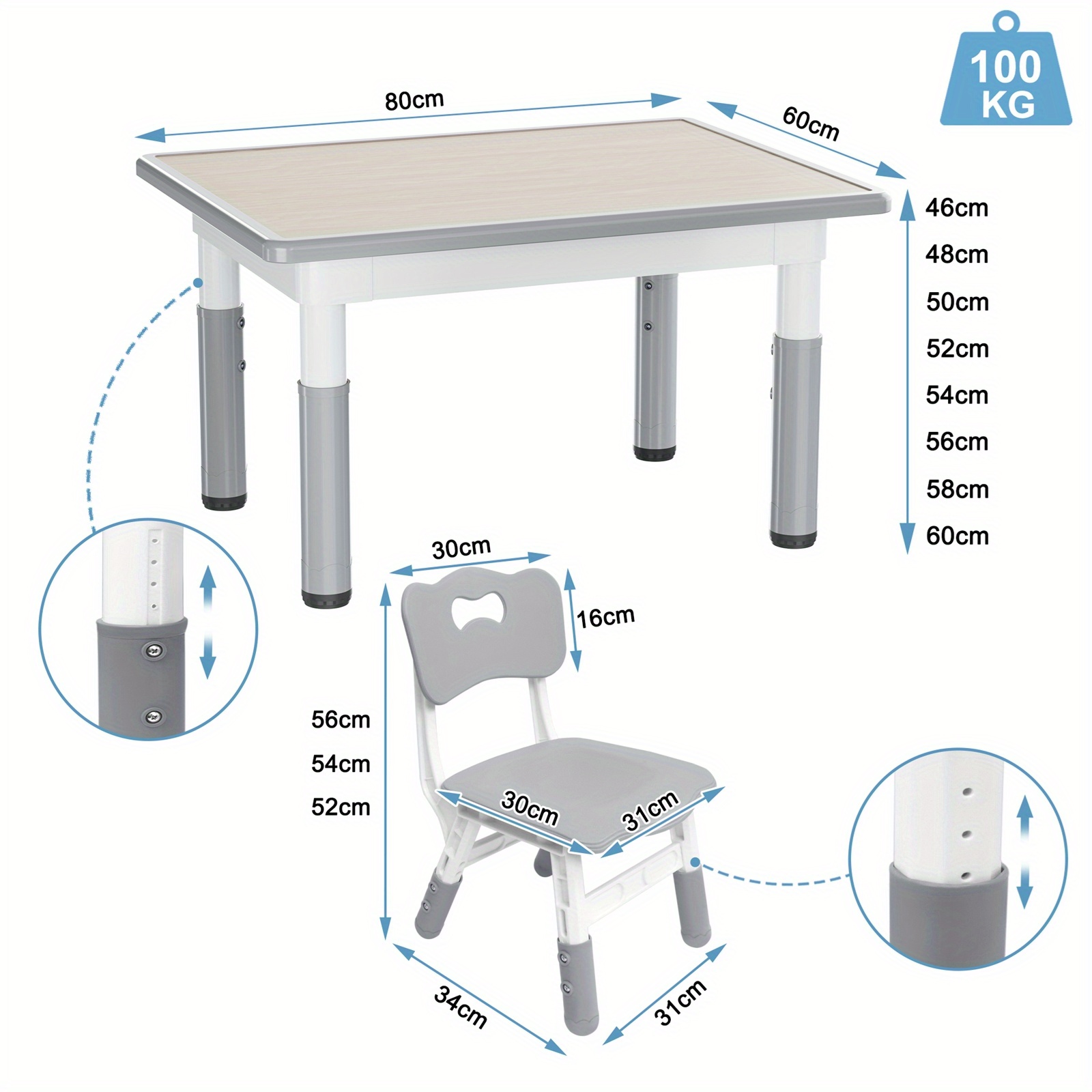 E-shop 80 x 60 cm Kinder-Tisch mit 2 Stühlen Höhenverstellbarer Kindersitz-Picknicktisch Tisch Stühle Grau