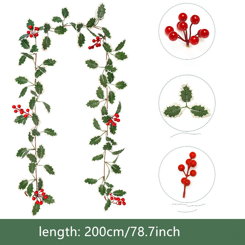 Image of 198.88cm Fake Christmas Garland Featuring Lifelike Red Foliage For Indoor/ Use, Ideal For Home, Office, And Party Christmas Decorations, Mantel Accents, , Made From Pvc, Perfect For Home Decorators