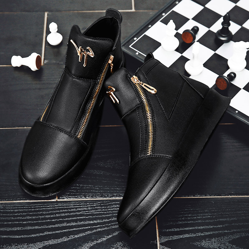 Chaonan British Style Joker High-Top Shoes - Double Zipper Closure, PU Upper & Slip-Resistant Rubber Sole, All-Season Urban Sneakers for Men & Women - Formal & Casual Events (Black), Versatile Footwear, Sleek Design, Durable Construction, Unisex Footwear, Fashion Enthusiasts