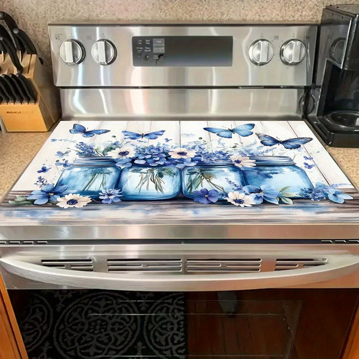 TEMU 1pièce UJoli Bleu Floral & Papillon Couverture de Stove en Caoutchouc - Design Plat 2D avec Bouteilles de Mason, , Parfait pour les Cuisines de